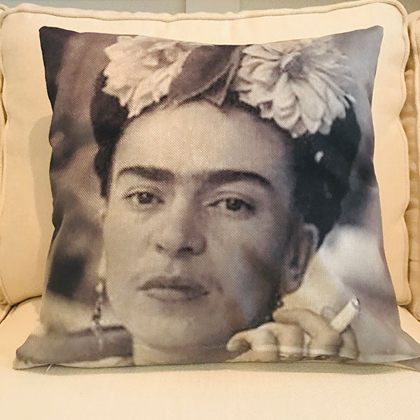 Frida Khalo in black and white cushion covers